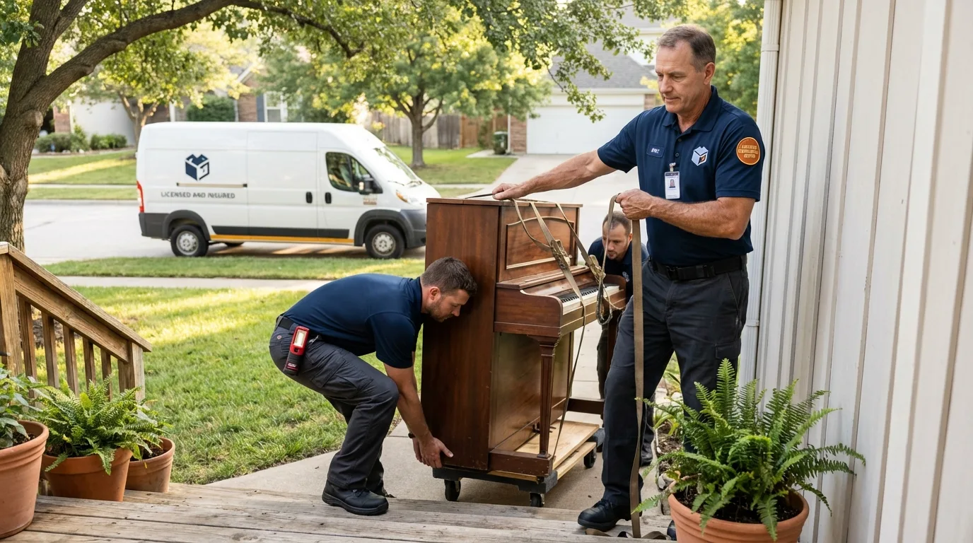 Licensed piano movers securing grand piano in East Palatka, FL