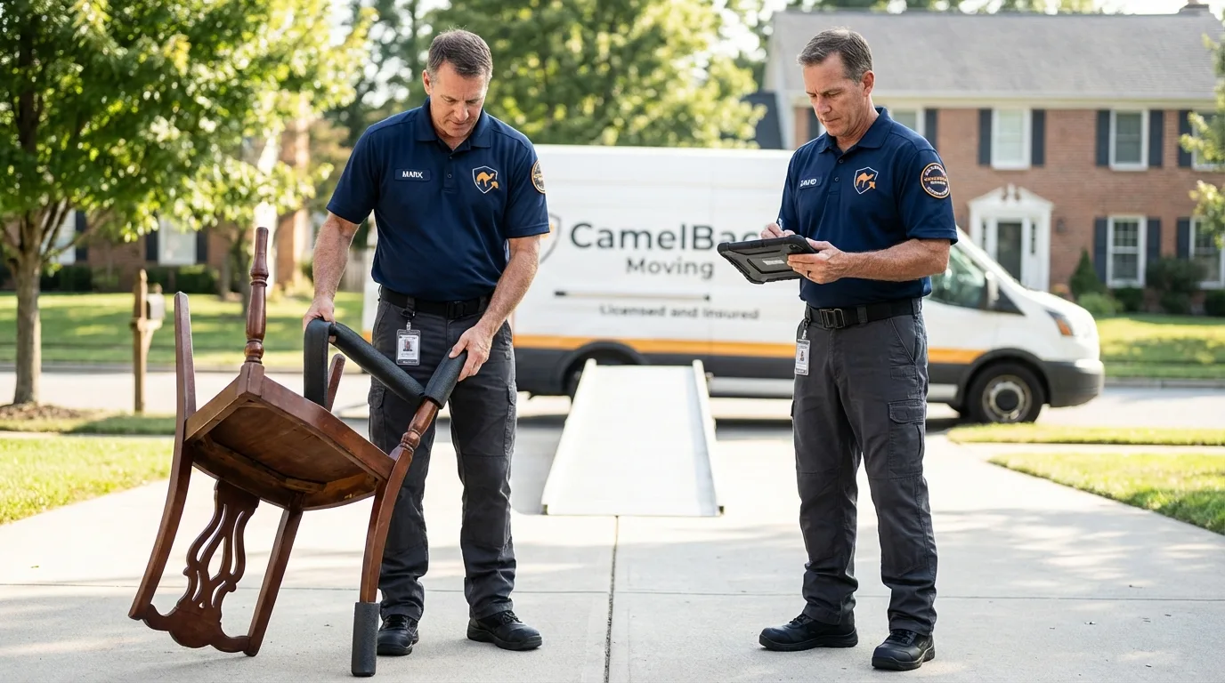 Movers inspecting furniture for damage prevention before loading in East Palatka, FL