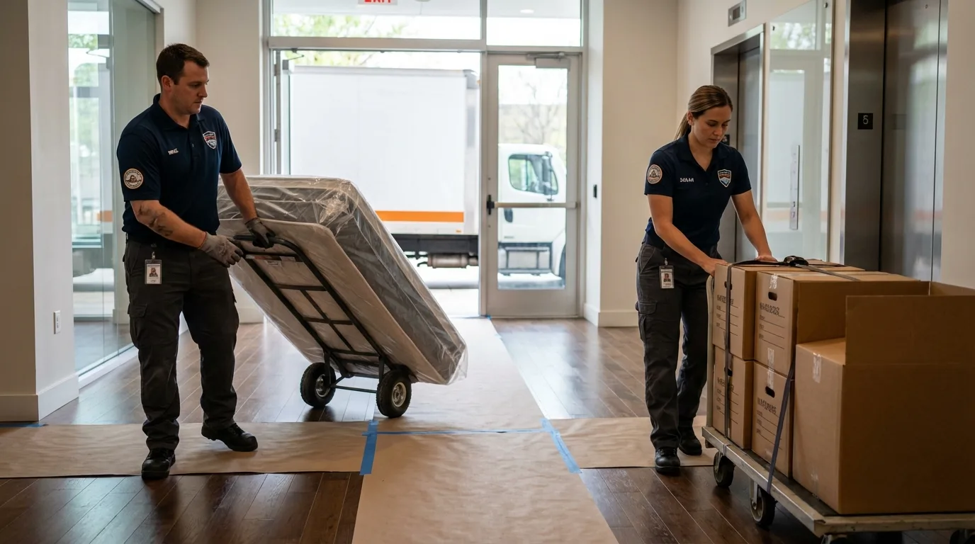 Professional apartment movers loading elevator in East Palatka, FL