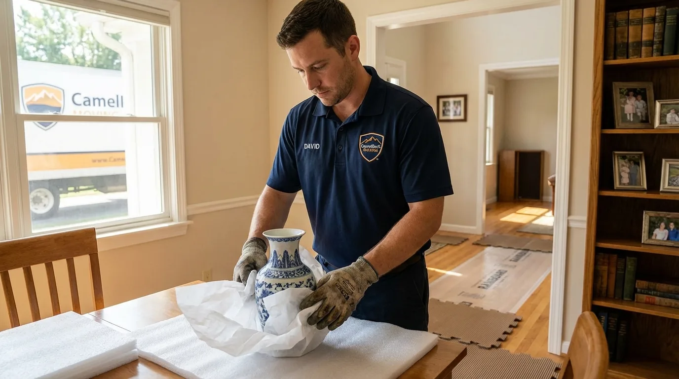 Professional crew carefully wrapping antique vase for senior downsizing move in East Palatka, FL